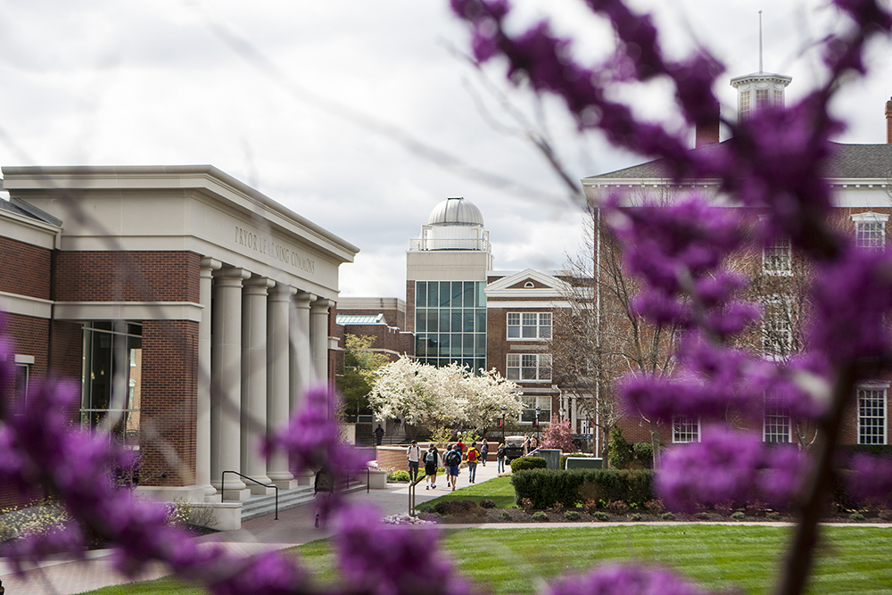 Pryor Learning Commons and the campus observatory framed by blooming purple tree branches in spring.