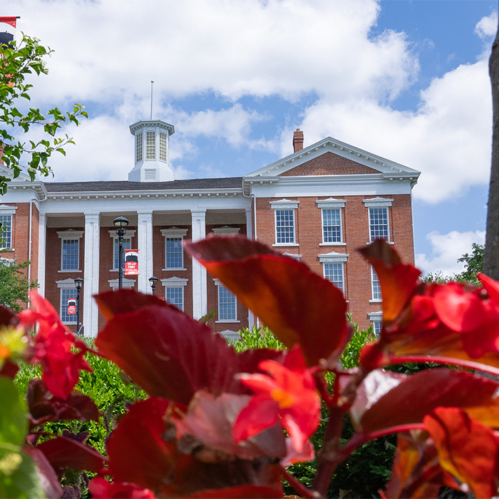 Low-angle view of Jewell Hall and its white cupola framed by vibrant red flowers in the foreground.