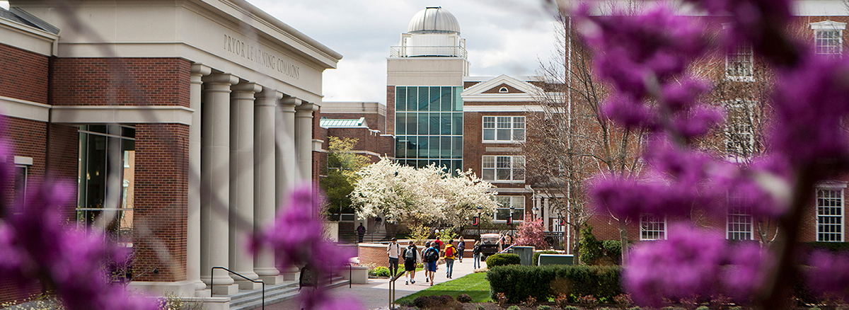 Students walking past Pryor Learning Commons on campus, framed by blooming purple tree branches in the foreground.
