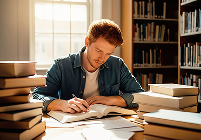 A red-haired student taking notes in an open textbook at a desk surrounded by tall stacks of books.