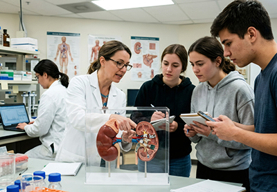 A science instructor pointing to a 3D kidney model while demonstrating anatomy to students in a laboratory.