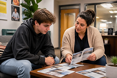 An academic advisor reviewing printed informational brochures with a male student sitting on a couch.