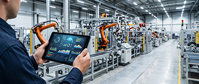 A close-up view of a technician using a digital tablet displaying data dashboards in front of automated robotic machinery on a factory floor.