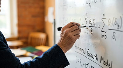 A close-up view of a instructor's hand writing mathematical summation equations on a whiteboard.