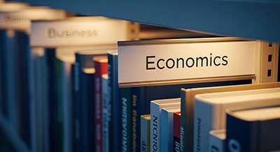 A close-up view of books arranged on library shelves under a shelf divider sign labeled "Economics."