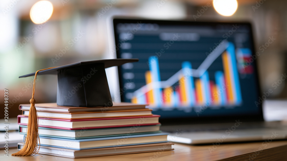 A graduation cap sitting atop a stack of books near an open laptop.