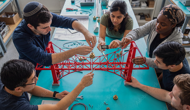 Engineering students collaborating on a red model suspension bridge in a laboratory.