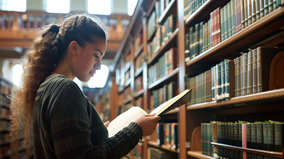 A student with curly hair reading an open book in front of tall wooden library bookshelves.