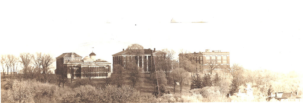 A historical 1914 aerial view of the William Jewell College campus hilltop and original brick academic buildings.