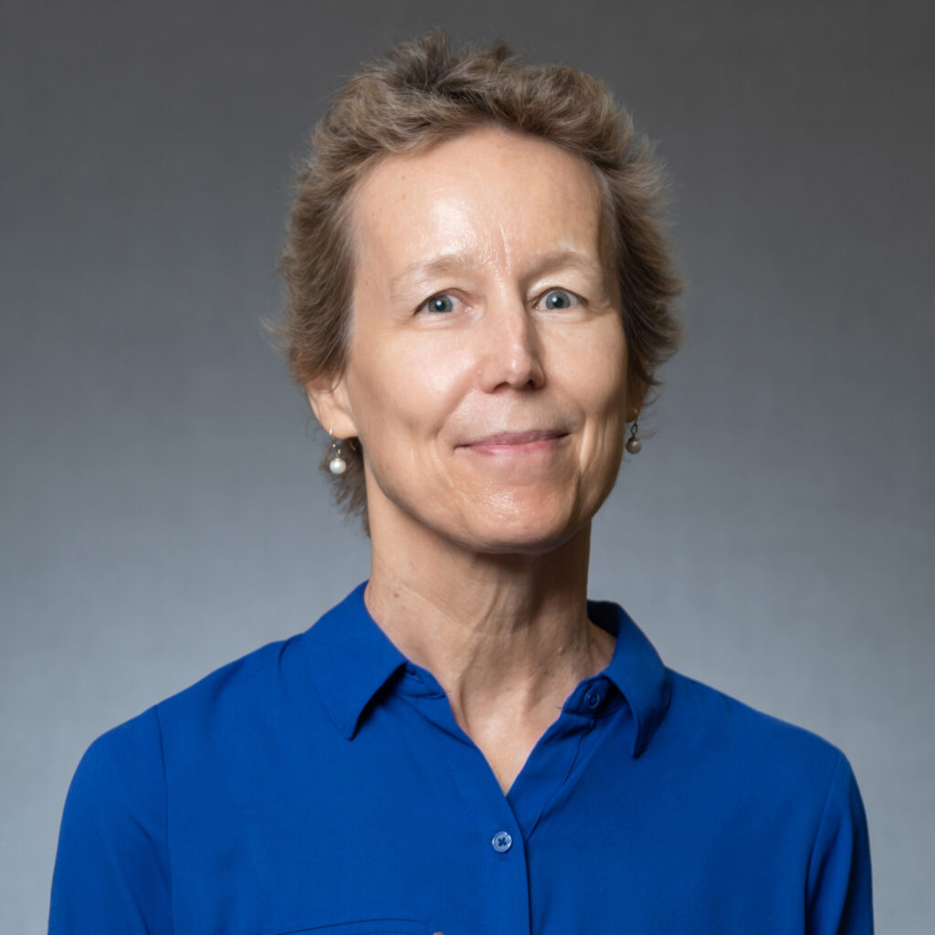Laurie Accardi, Visiting Associate Professor of English, wearing a royal blue button-down shirt smiling in a professional headshot.