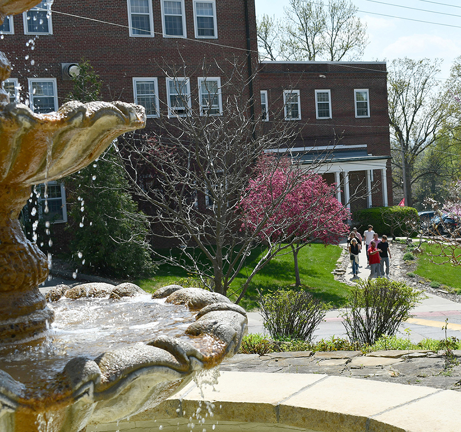 families walking on campus in spring with tour guide