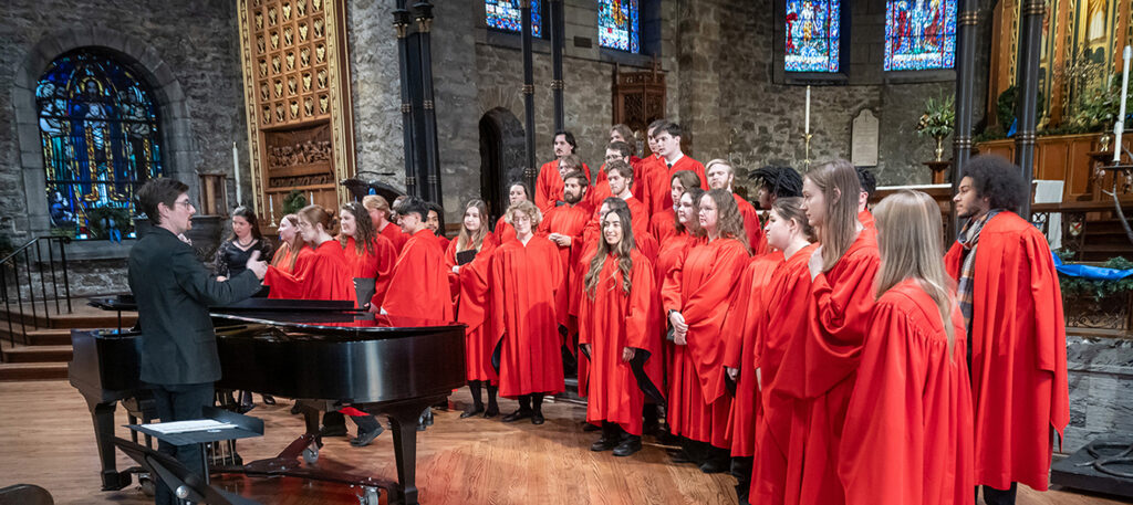 concert choir performing in front of Cathedral