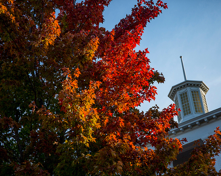 Jewell Hall cupola and rooftop next to fall foliage