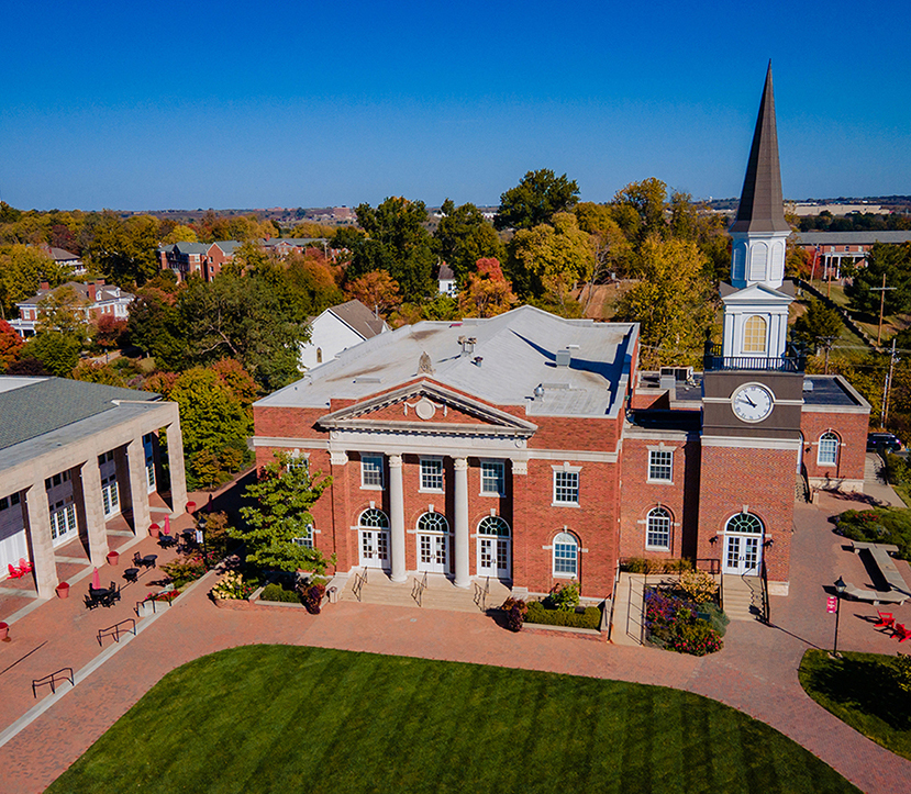 aerial of Union and Gano Chapel in fall