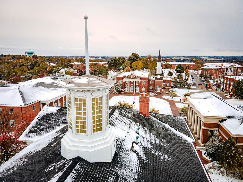 campus aerial with snow on rooftops