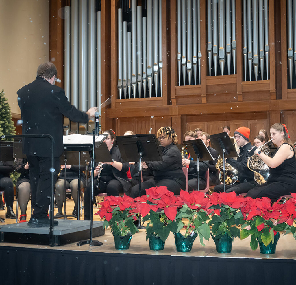 jazz band performing on stage in chapel