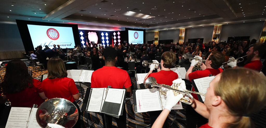 jazz ensemble playing in large hotel ballroom