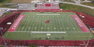 aerial of football stadium and track